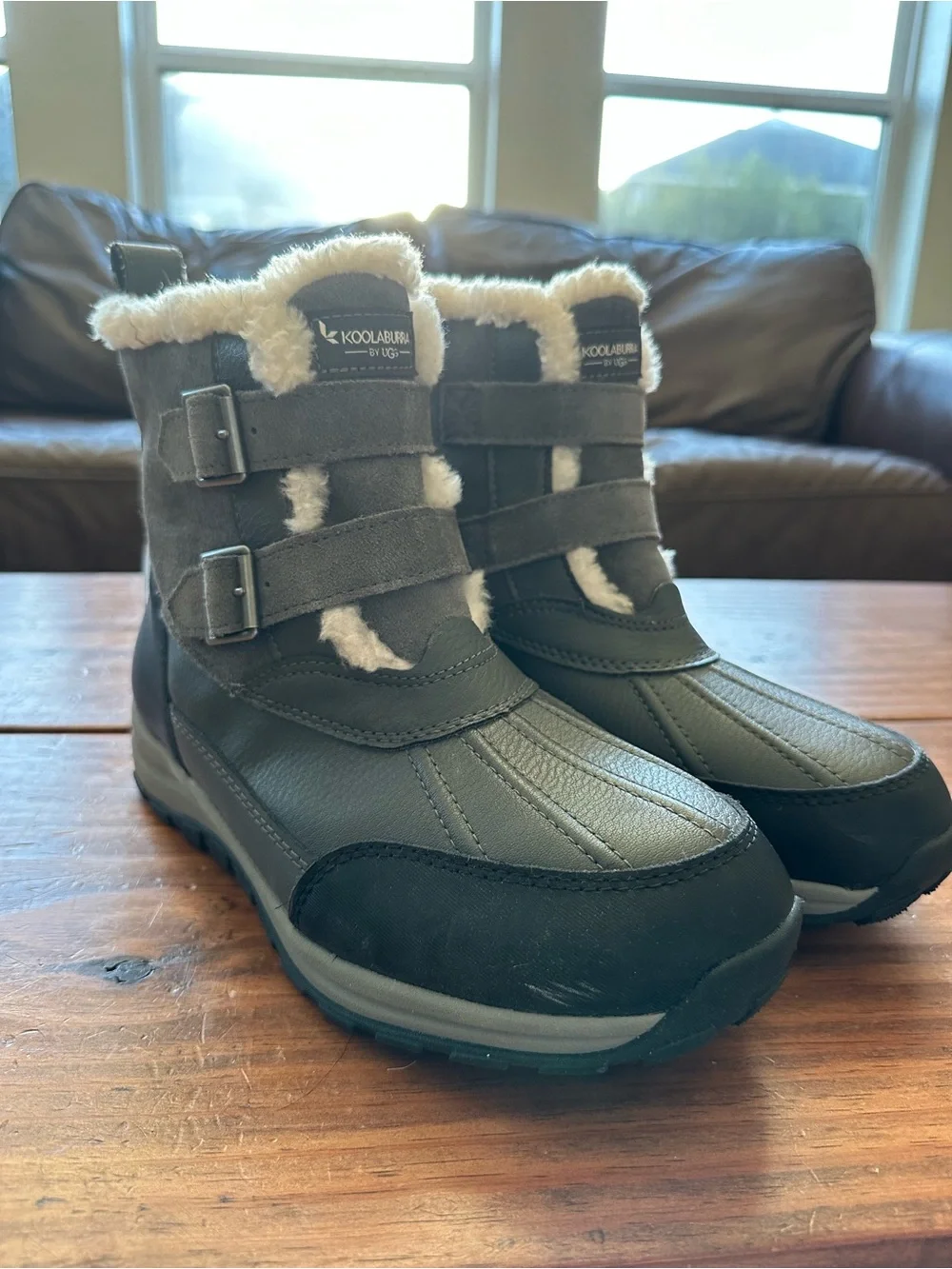Koolaburra Gray and Black Faux Fur Winter Boots with Buckle Straps